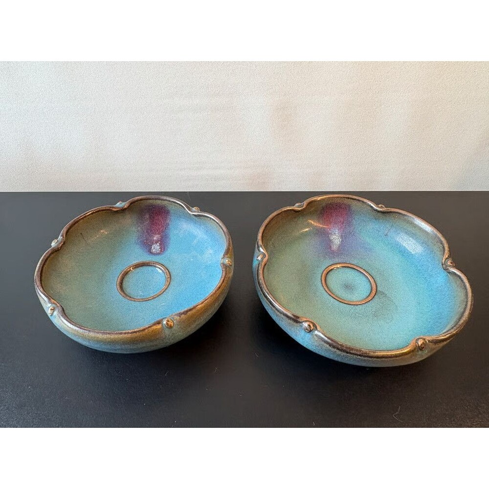 Pair Jun Ware Style Lobed Dishes Sky Blue Purple Splash Chinese Porcelain
